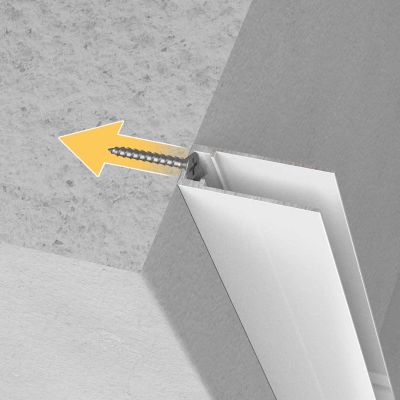 Graphik. Befestigung eines Fliegengitterplissees. Man sieht die Schraube in der Wand