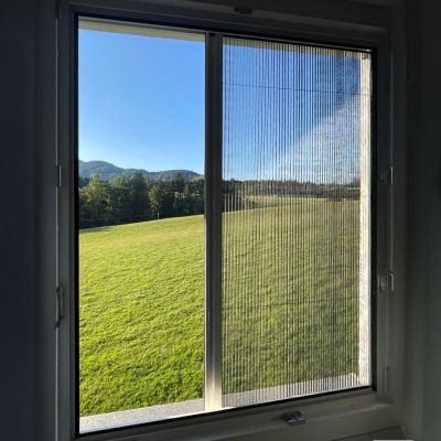 Fliegengitterplissee am Fenster, teilweise geöffnet. Außen Wiese